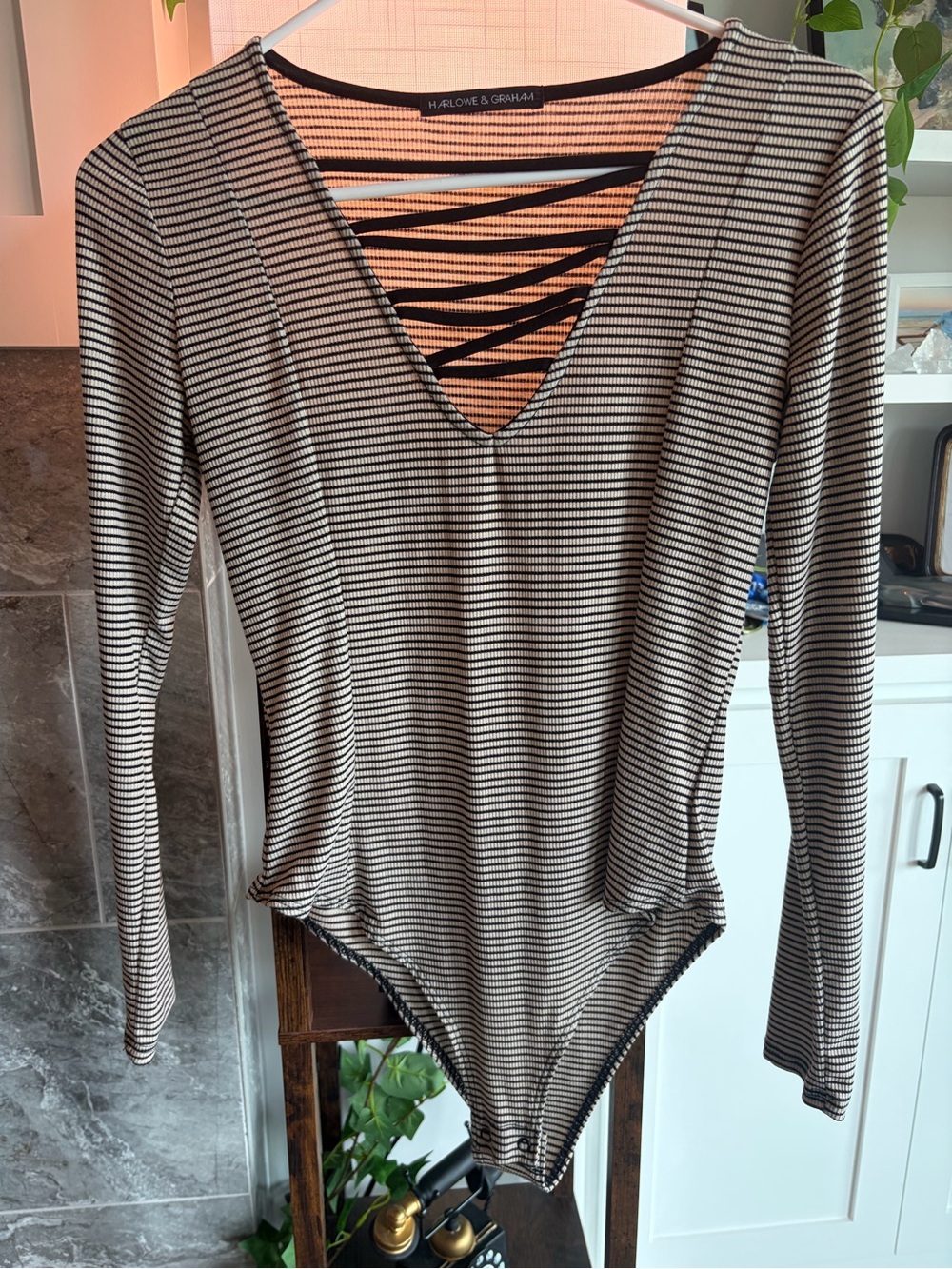 Harlowe & Graham Black and White Striped Crisscross Back Bodysuit